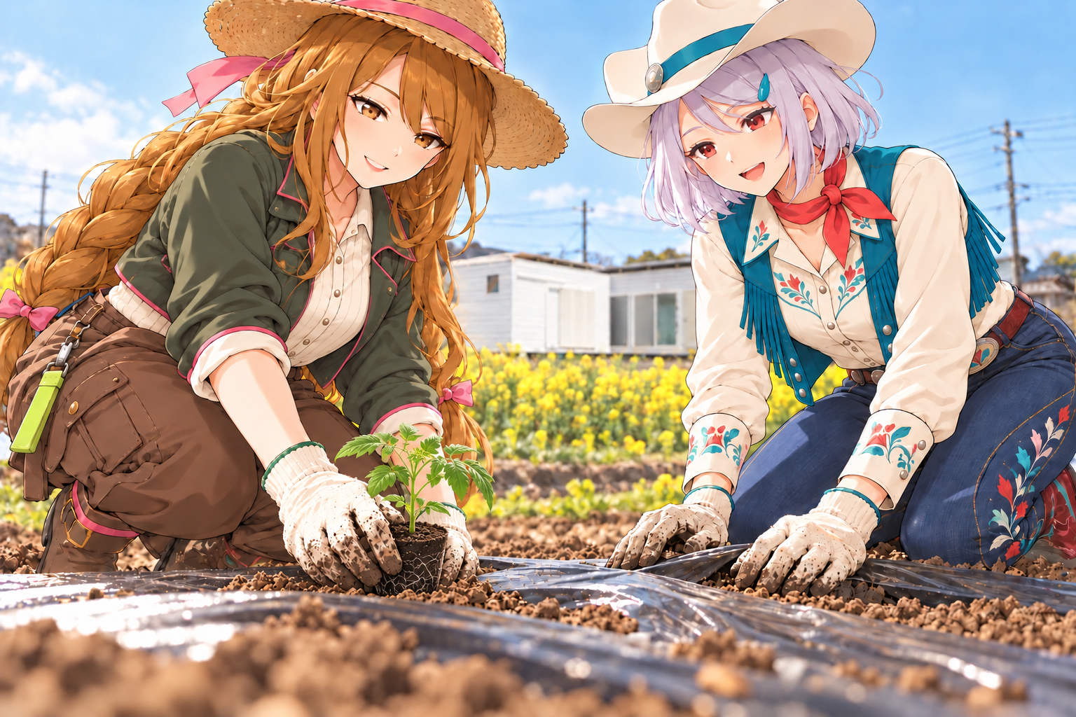 ふく子とよし子が軍手をはめて、黒いマルチの植え穴に夏野菜の小さな苗を植え、土を寄せている手元の利用イメージ