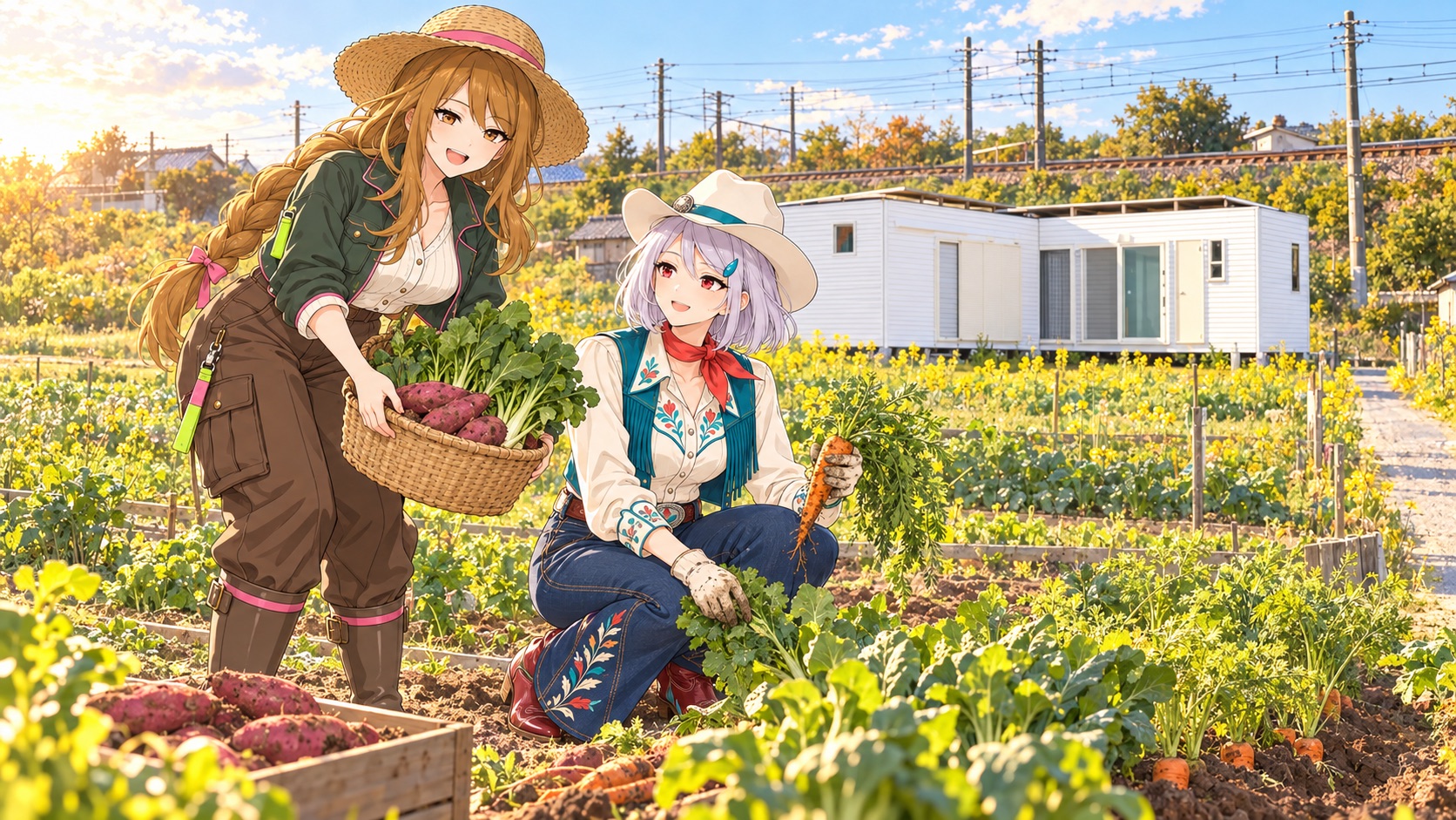 ふく子がさつまいもと葉もののかごを抱え、よし子が畝からにんじんを抜いて収穫している様子のイラスト
