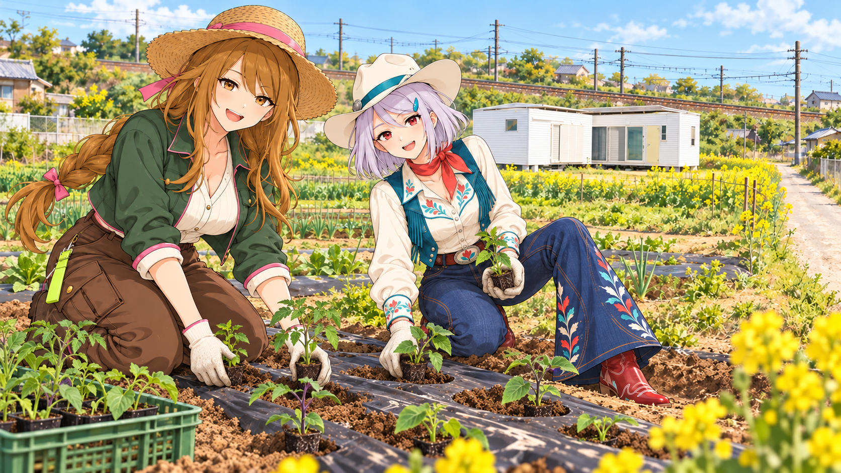 ふく子とよし子が黒いマルチを張った畝にしゃがみ、夏野菜の小さな苗を植え付けている利用イメージ。奥に白い建物と線路が見える