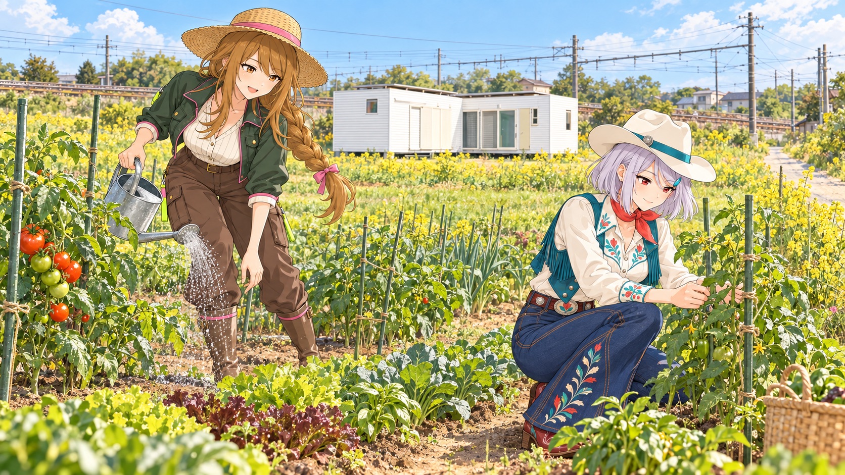 ふく子がじょうろでトマトの株元に水をやり、よし子が支柱に沿って伸びた苗を観察している様子のイラスト