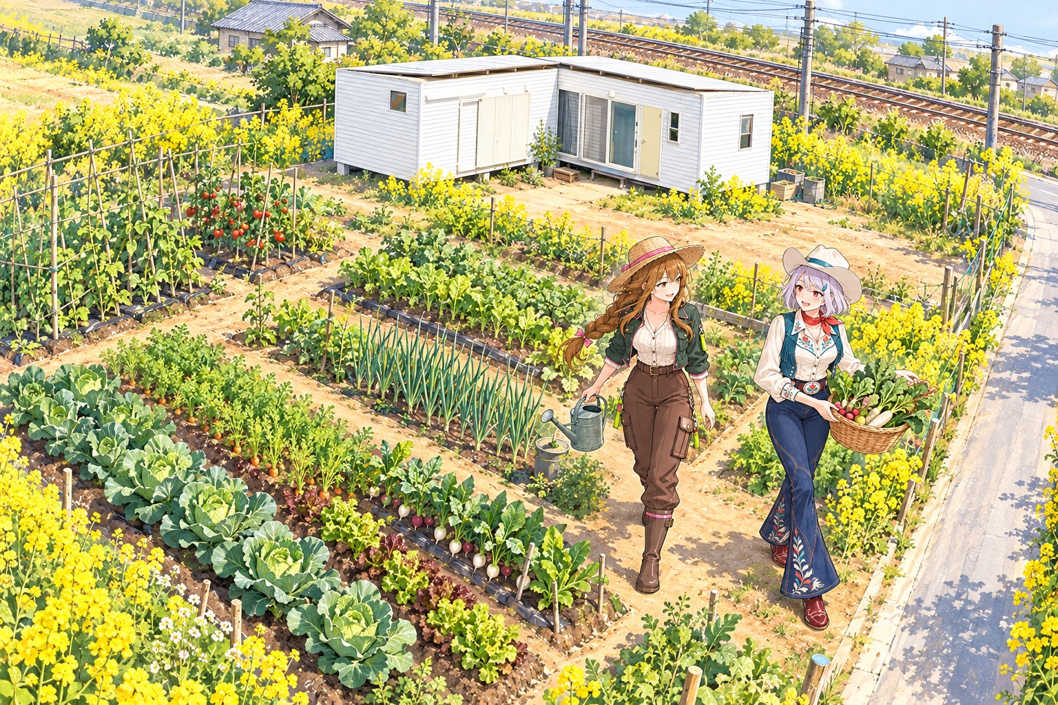 高い位置から見下ろした畑のイラスト。キャベツ、ダイコン、ネギ、支柱のトマトなどの畝の間を、じょうろを持ったふく子と野菜のかごを持ったよし子が歩いている