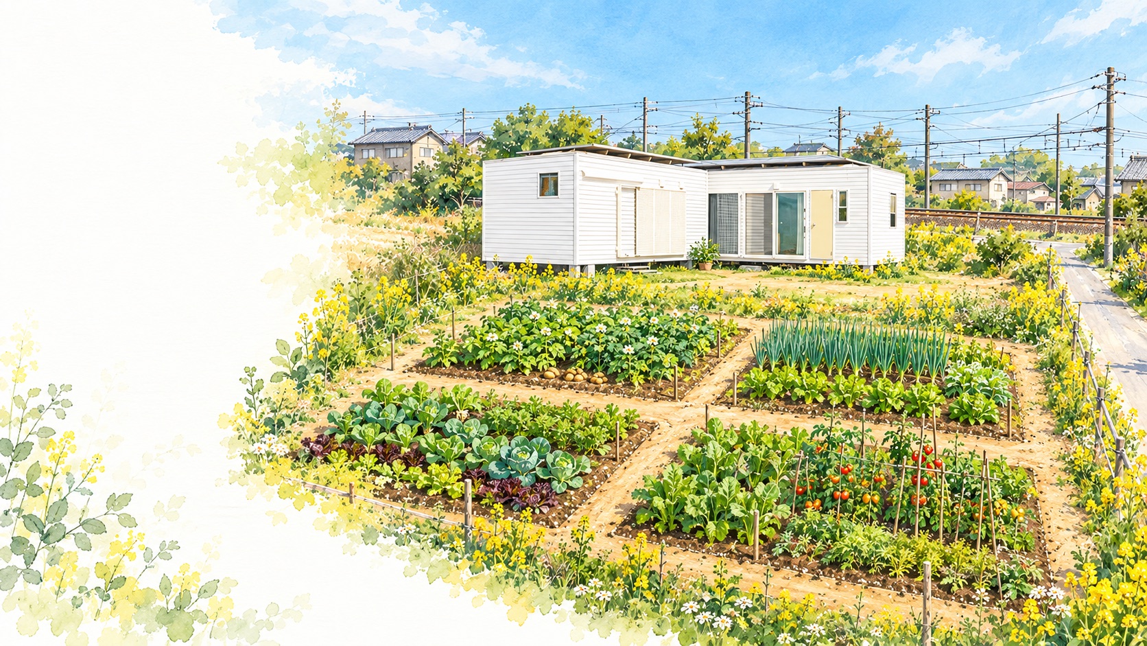 白い畑の隣で4区画の野菜畑を計画した完成イメージ